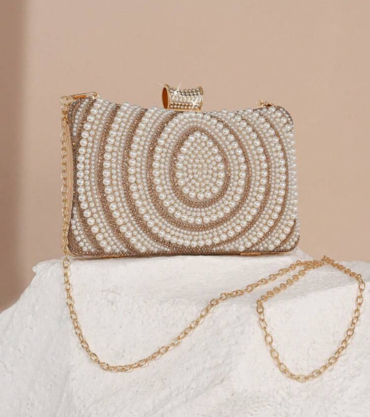 Sac de soirée doré avec perles blanches